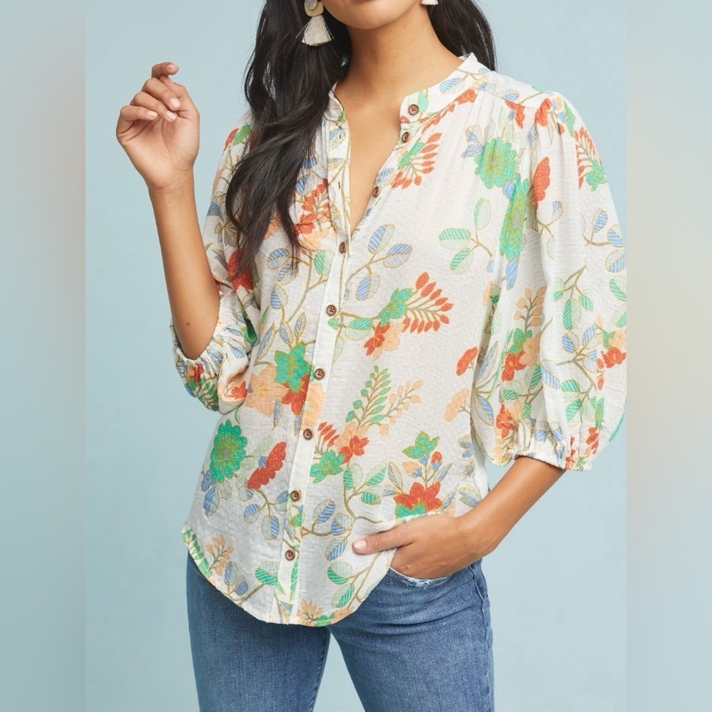 NWT Maeve Kalapana Blouse 12 Floral Balloon Cream Short Sleeves Button Down